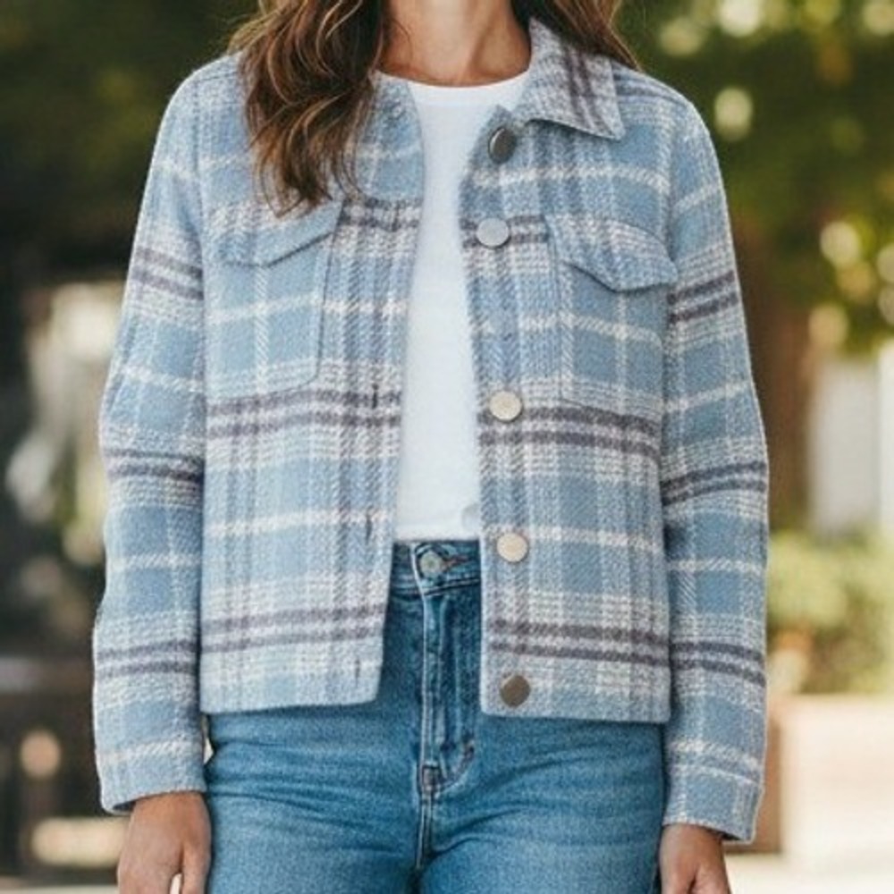 Princess Polly Plaid Wool Blend Cropped Shacket Jacket Boho Blue Grey Size 2
